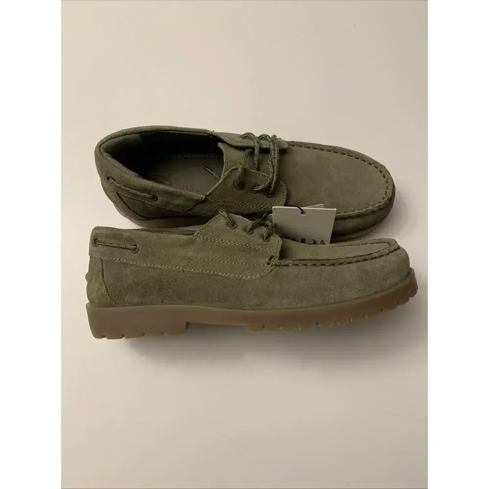 ZARA Boys Suede Moc Toe Shoes Green Lace Up Youth Size 3.5 EU 35 NWT